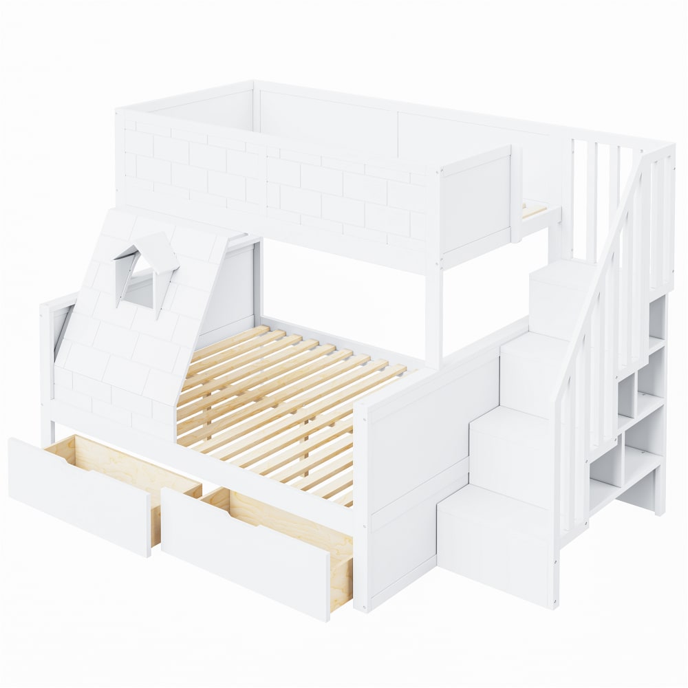 Etagenbett aus Holz mit Treppe und Schubladen 90x200 cm, weiß -
