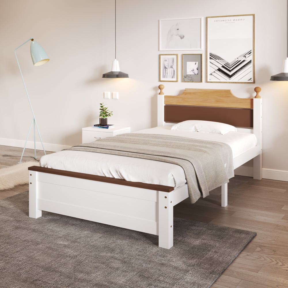 Einzelbett aus Kiefer und MDF mit Lattenrost 90x200 cm, weiß -