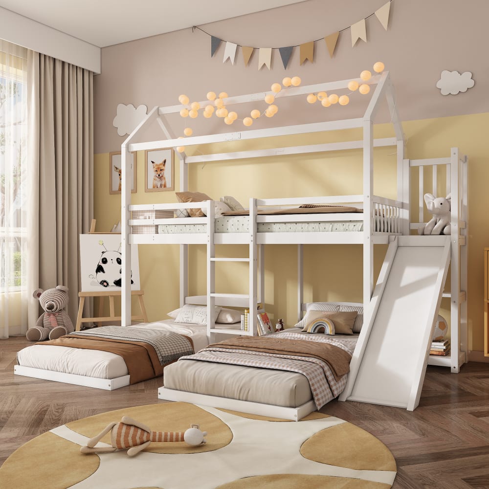 Etagenbett aus Kiefer und MDF mit Rutsche und Dach 90x200 cm,