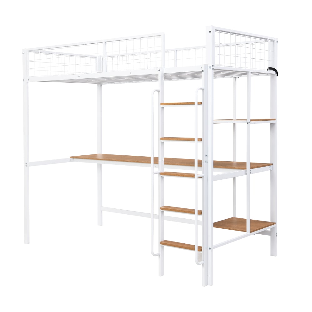 Lit mezzanine en métal blanc avec bureau et étagères 90 x 200 cm
