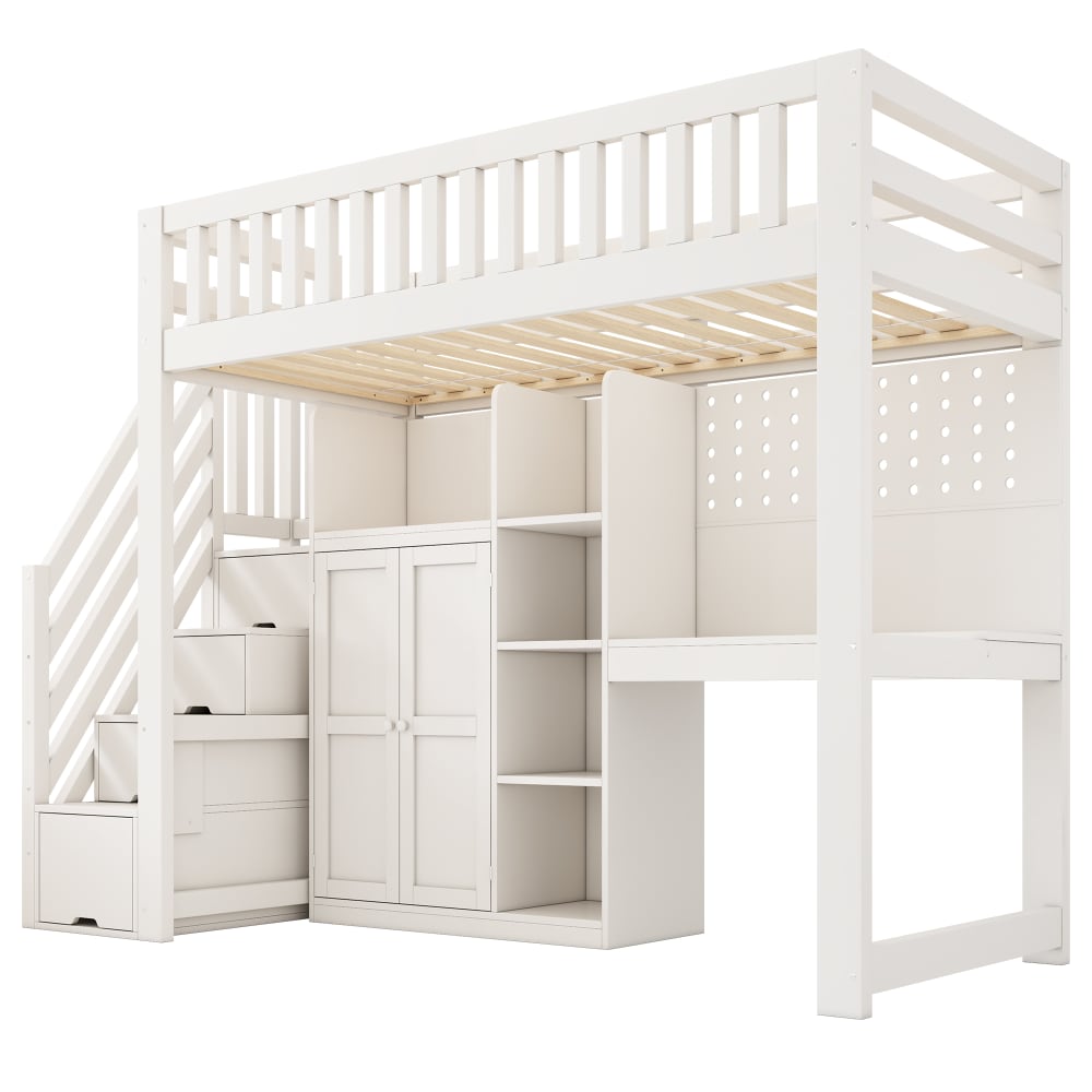 Lit mezzanine en pin blanc avec bureau et armoire 90 x 200 cm
