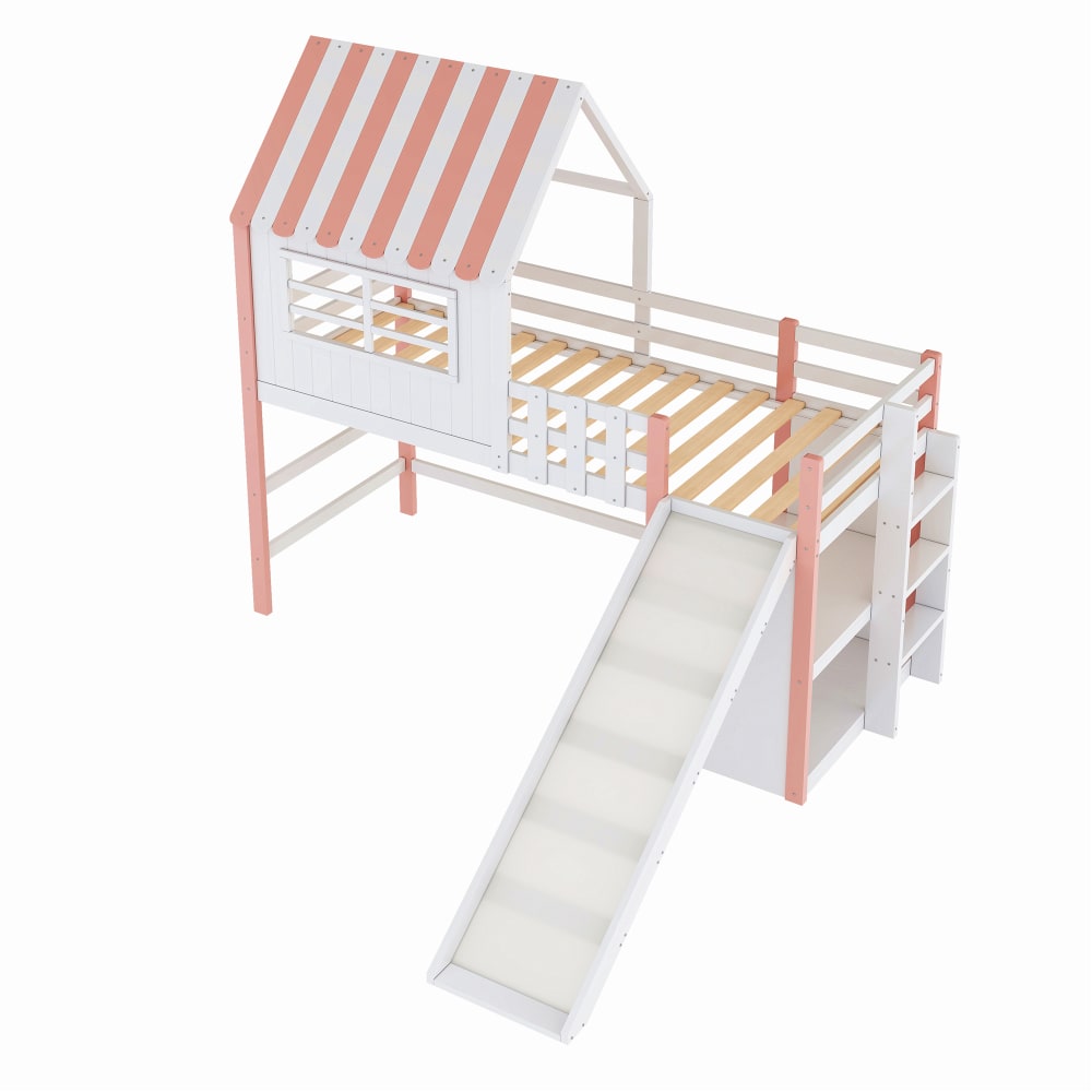 Lit mezzanine en pin rose avec toboggan 90 x 200 cm