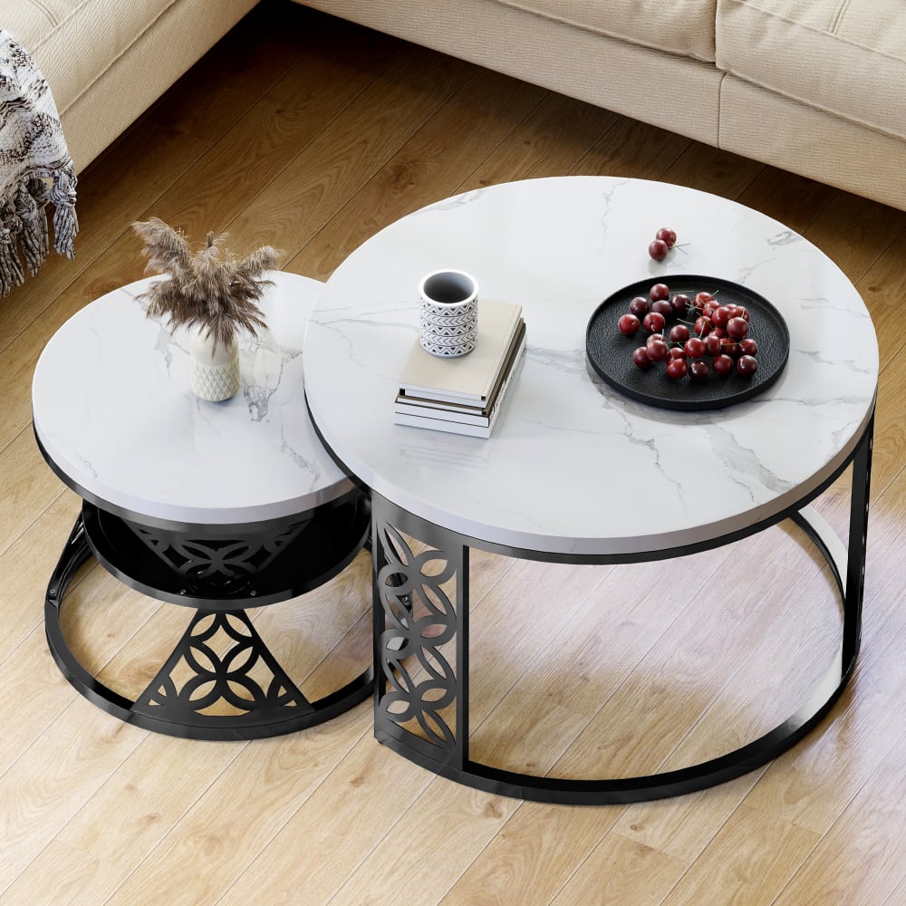 Couchtisch-Set aus Metall mit MDF-Tischplatte, Schwarz+Weiß -