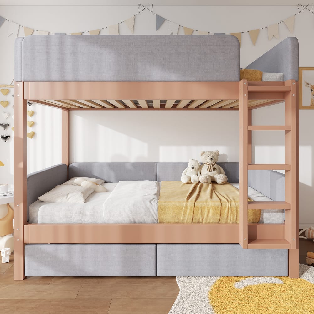 Etagenbett aus Holz mit Treppe und 2 Schubladen 90x200 cm, grau -