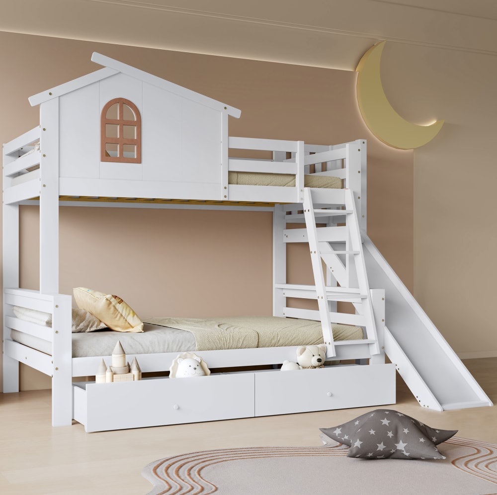 OKWISH Etagenbett aus Kiefer mit Rutsche und Schubladen 90/120x200 cm, weiß style modern Holz Baby