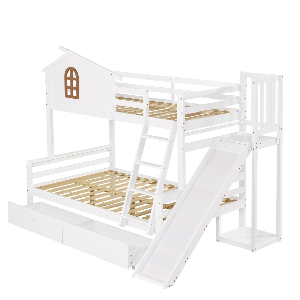 Lit superposé 90x200 cm en pin blanc avec toboggan et 2 tiroirs
