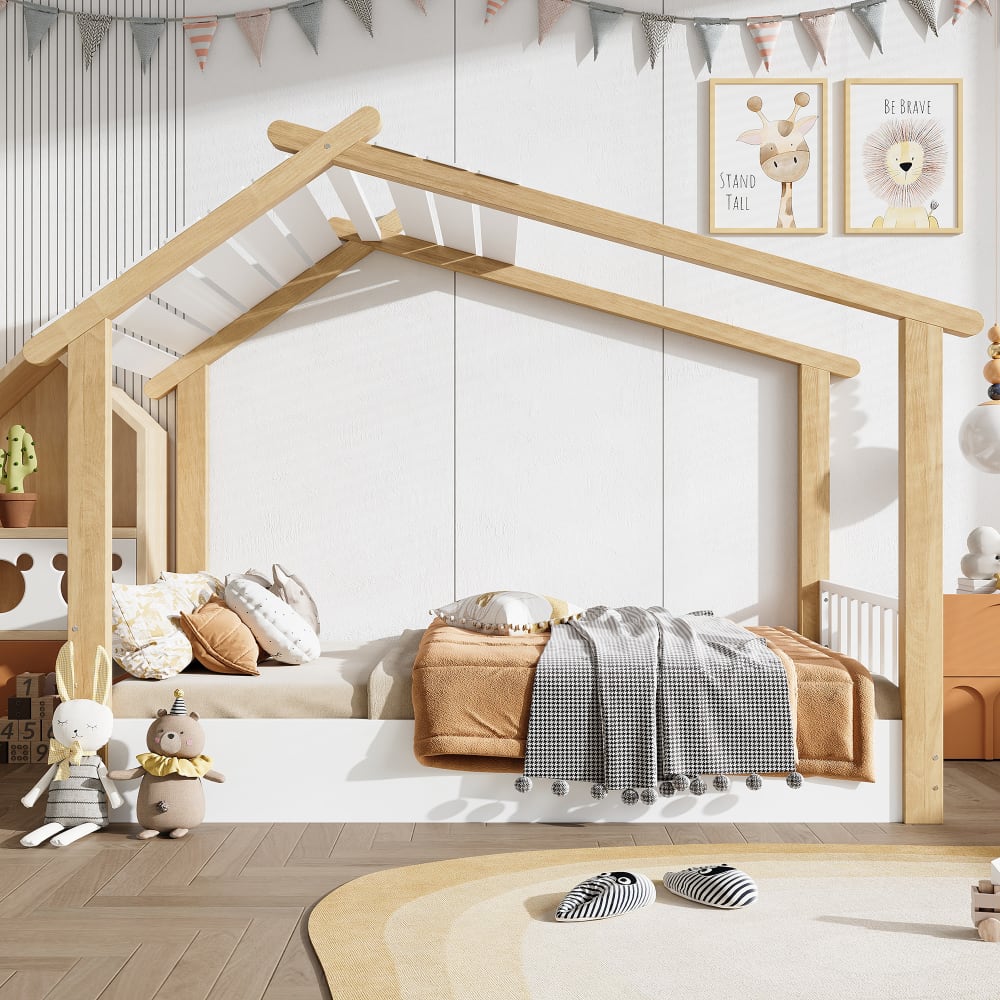 Kinderbett aus Massivholz mit Lattenrost 90x200 cm, weiß+natur -