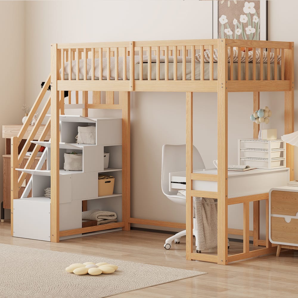 OKWISH Hochbett aus Holz mit Tisch und Treppe 90x200 cm, weiß/braun Holz Baby