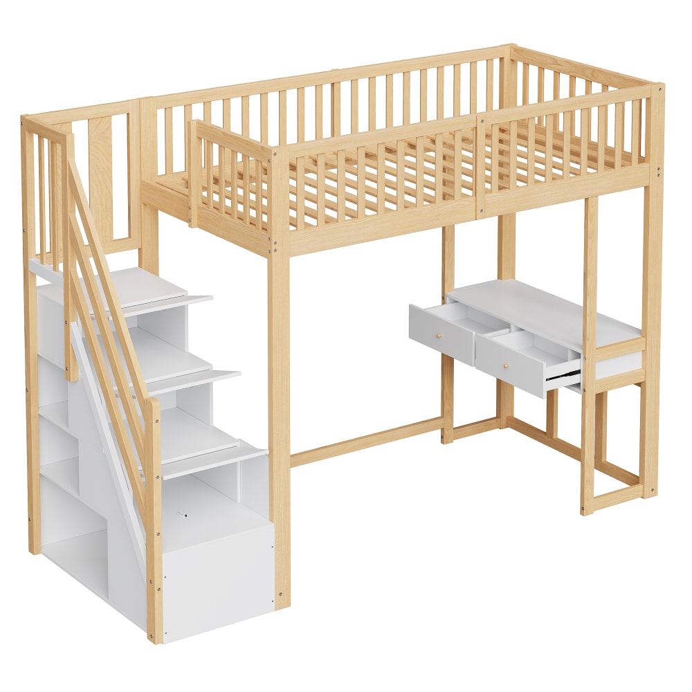 Lit mezzanine en pin blanc et chêne clair avec bureau 90 x 200 cm