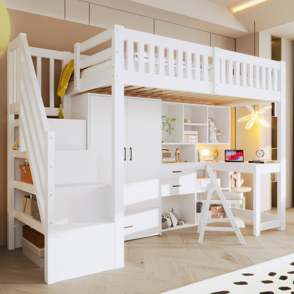 OKWISH Hochbett aus Kiefer mit Schreibtisch und Stauraum 90x200 cm, weiß Holz Baby