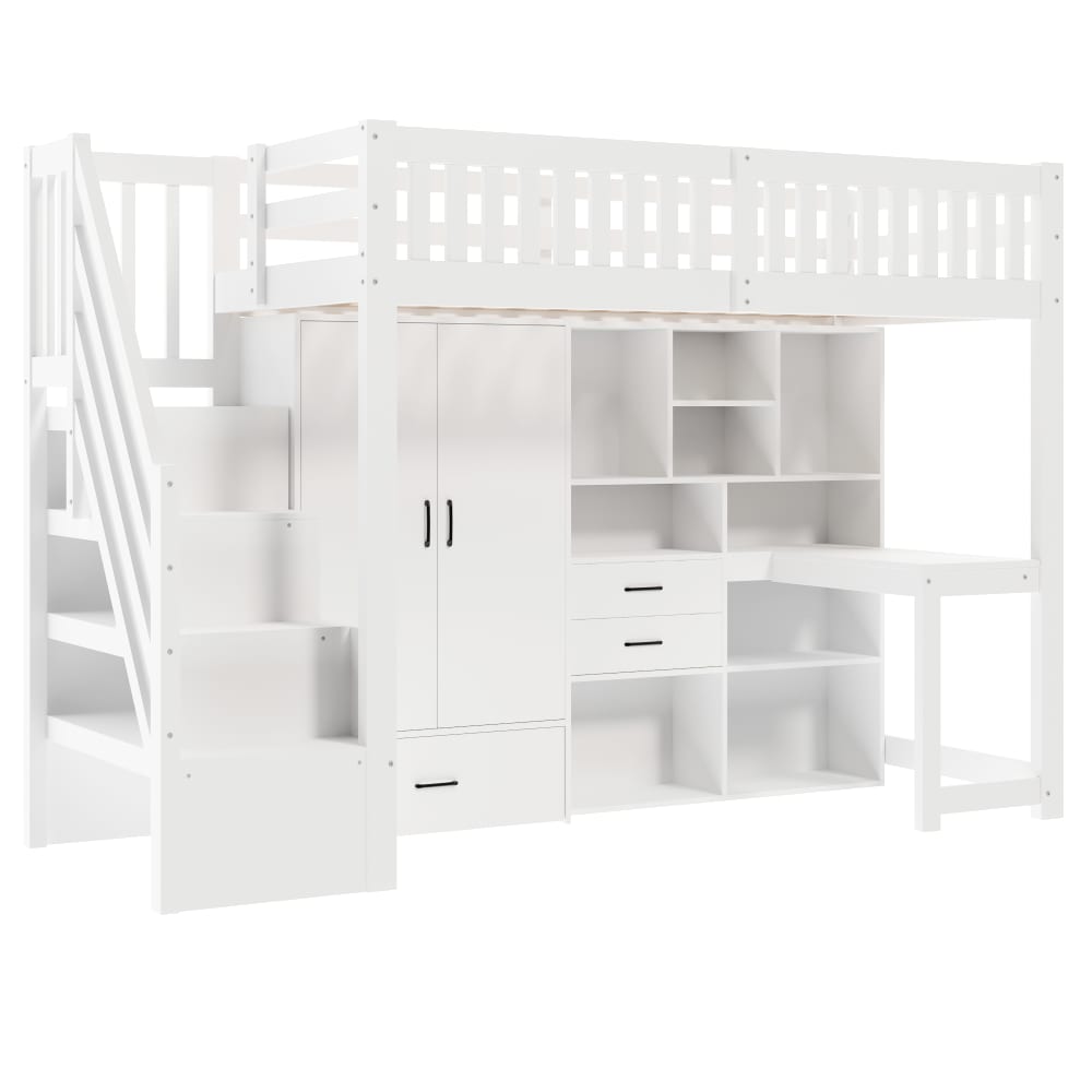 Lit mezzanine en pin blanc avec bureau et rangement 90 x 200 cm