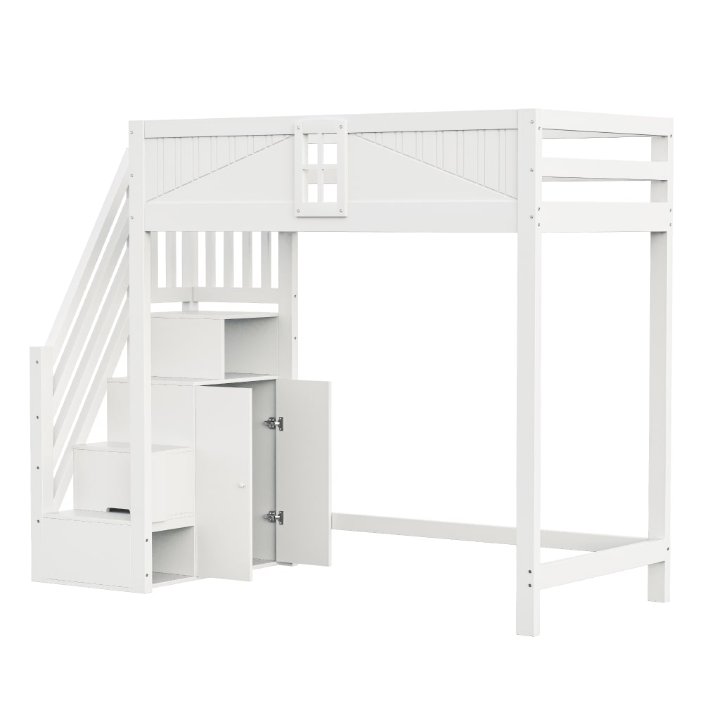 Lit mezzanine 90x200cm en bois massif blanc avec escalier de rangement Lit mezzanine 90x200cm en bois massif blanc avec escalier de rangement