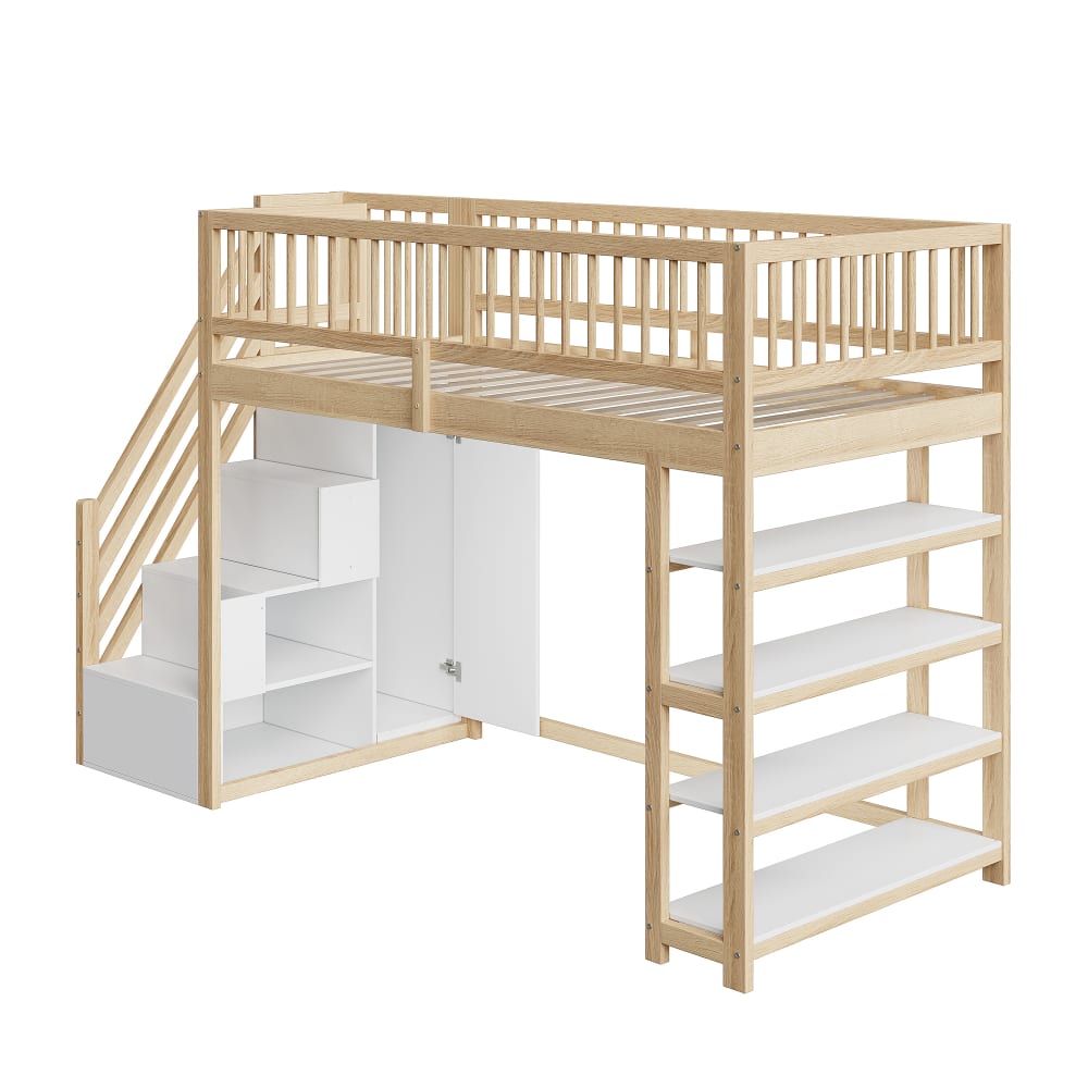 Lit mezzanine en pin marron avec armoire et étagères 90 x 200 cm
