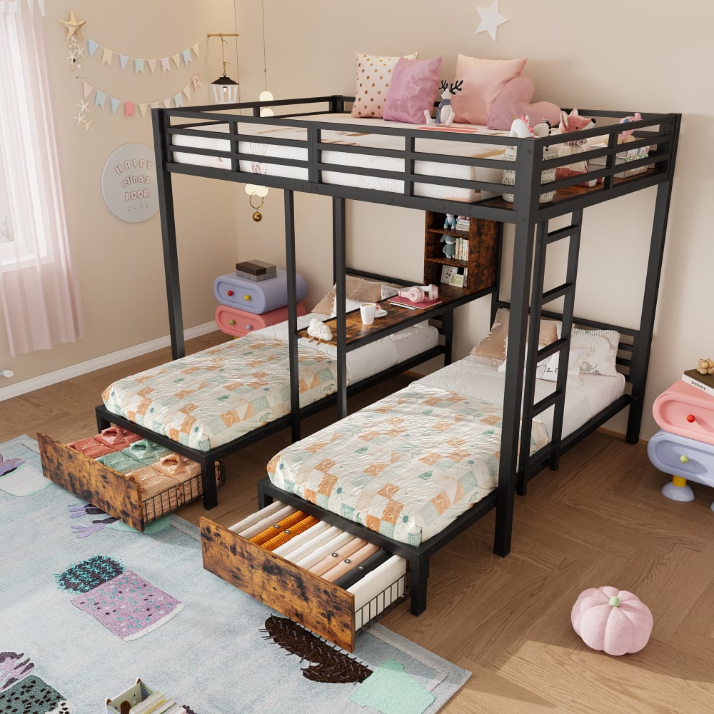 Etagenbett aus Metall mit 3 Liegeflächen 90/140x200 cm, schwarz -