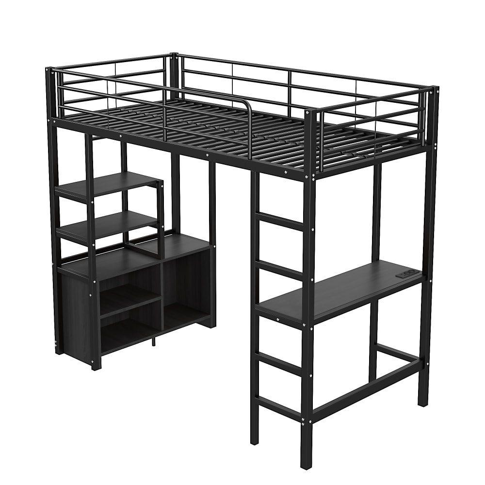 Lit mezzanine en métal noir avec bureau et USB 90 x 200 cm