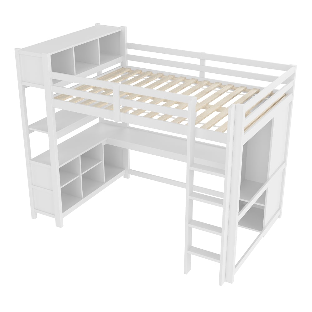 Lit mezzanine en pin blanc avec bureau et rangement 140 x 200 cm