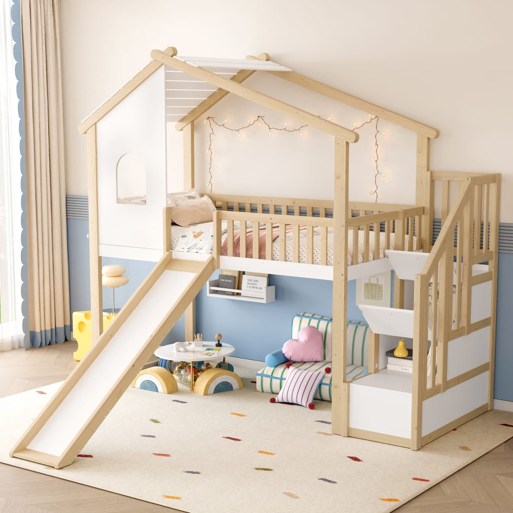 OKWISH Hochbett aus Kiefer mit Rutsche und Stauraumleiter 90x200 cm,braun Holz Baby