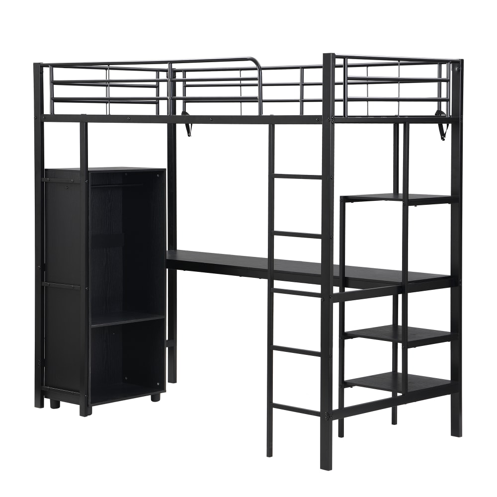 Lit mezzanine en métal noir avec bureau et armoire 90 x 200 cm
