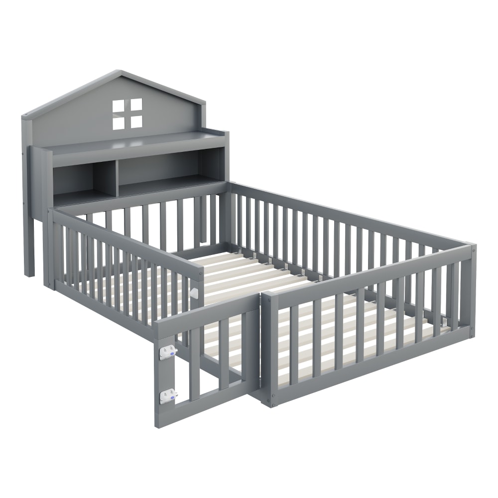 Lit enfant en pin gris avec rangement et tableau 90 x 200 cm