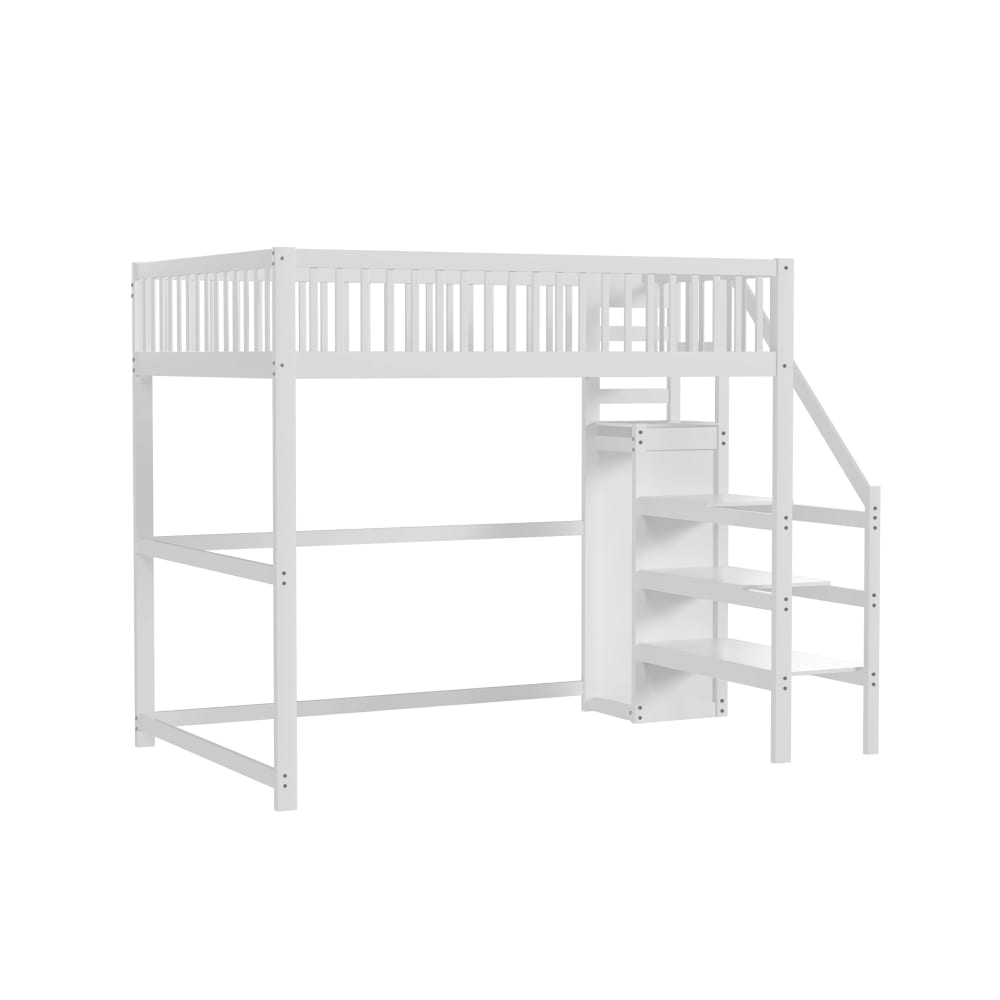 Lit mezzanine en pin blanc avec escalier et armoire 140 x 200 cm