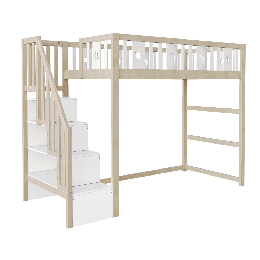 Lit mezzanine en pin blanc et bois avec escalier 90 x 200 cm