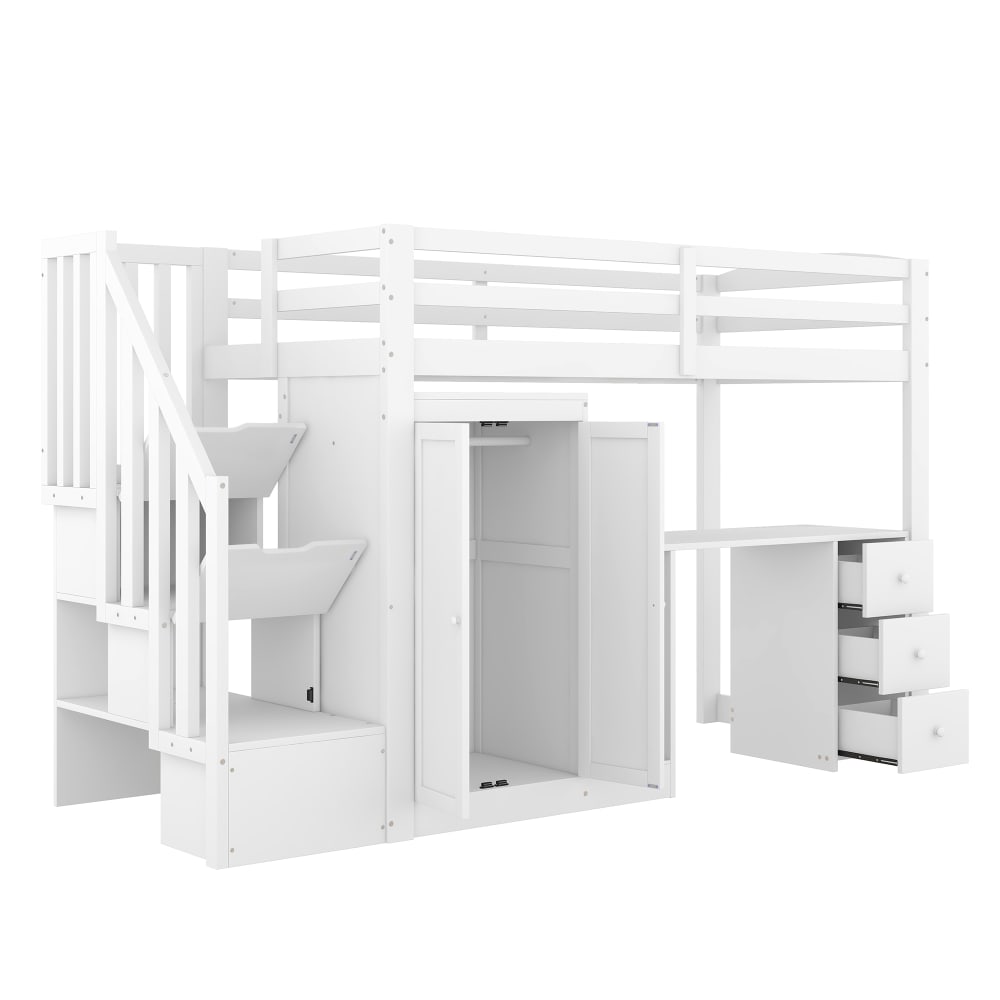 Lit mezzanine en pin blanc avec bureau et rangement 90 x 200 cm