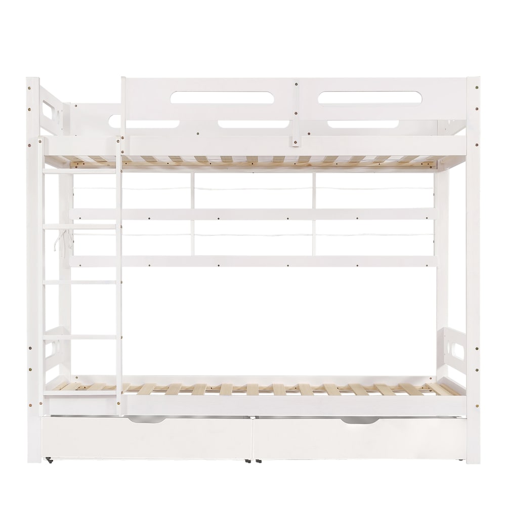 Lit superposé en pin blanc avec tiroirs et étagères 90 x 200 cm Lit superposé en pin blanc avec tiroirs et étagères 90 x 200 cm