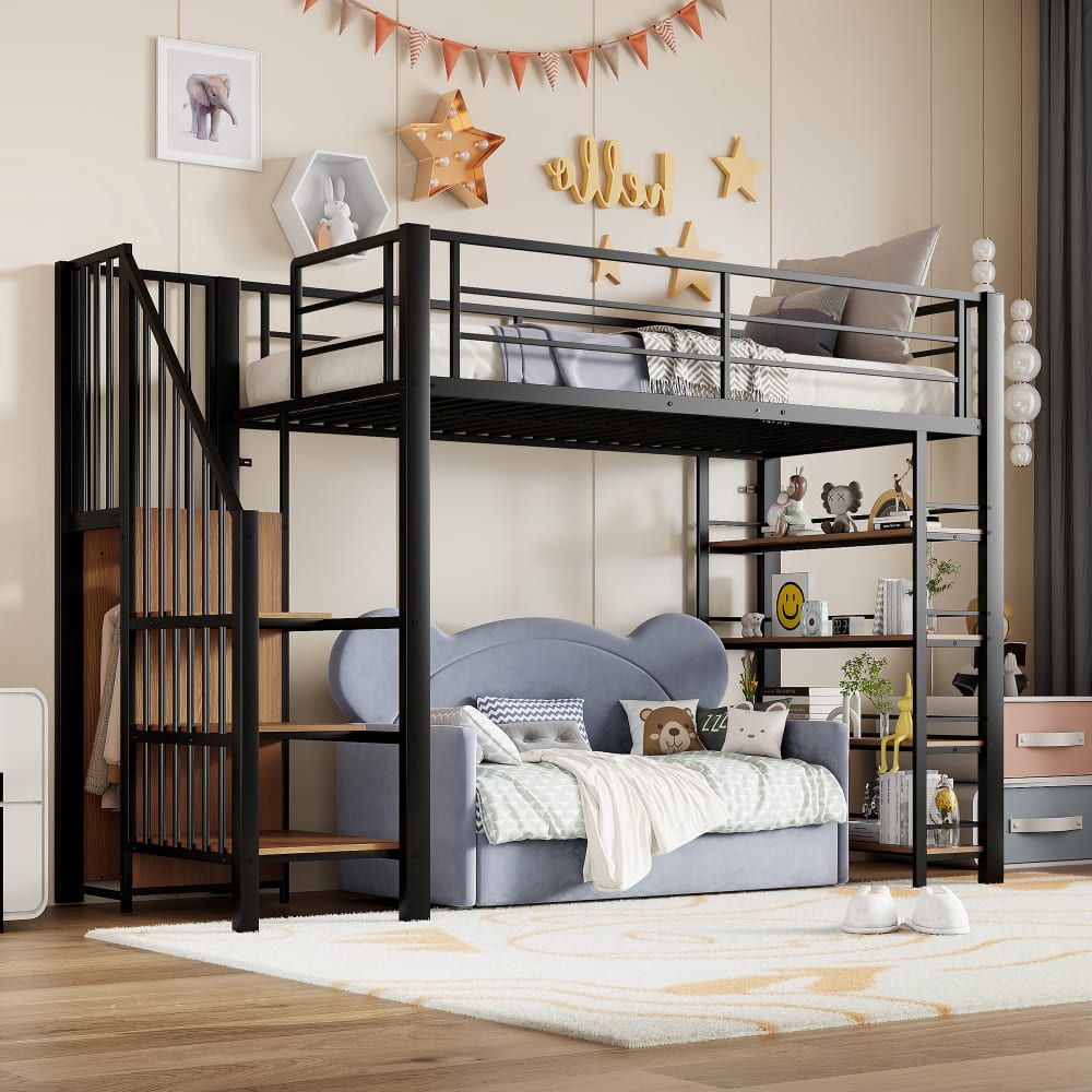 Hochbett aus Metall mit Treppe und Stauraum 90x200 cm, schwarz -