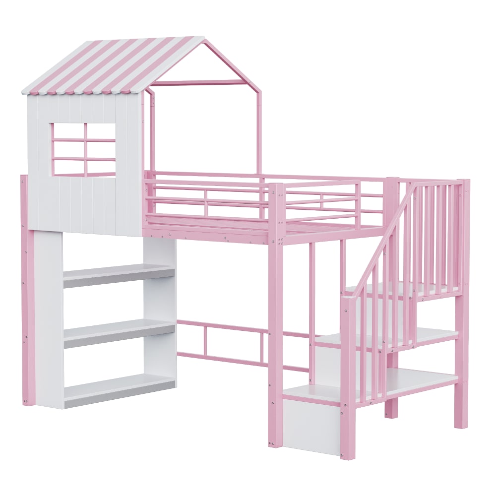 Lit mezzanine en métal rose avec rangements 90 x 200 cm