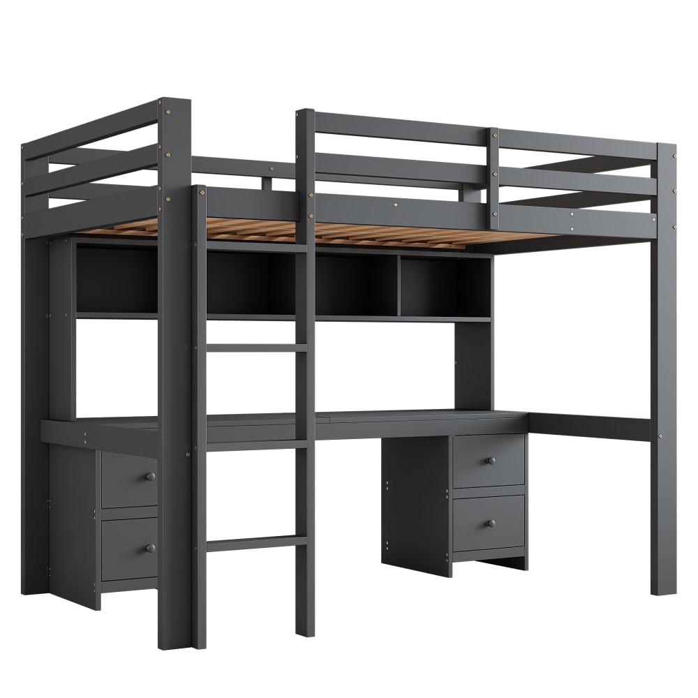 Lit mezzanine en pin gris avec bureau et rangement 90 x 200 cm
