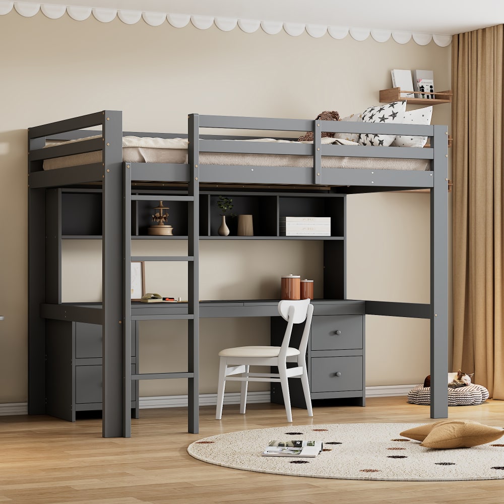 Hochbett aus Kiefer mit Schreibtisch und Stauraum 90x200 cm, grau