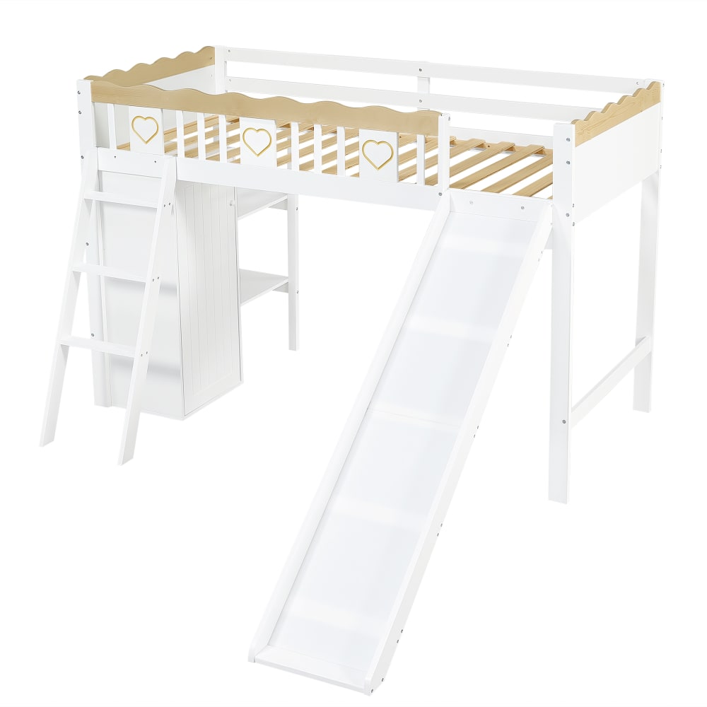 Lit mezzanine en pin blanc avec toboggan et armoire 90 x 200 cm