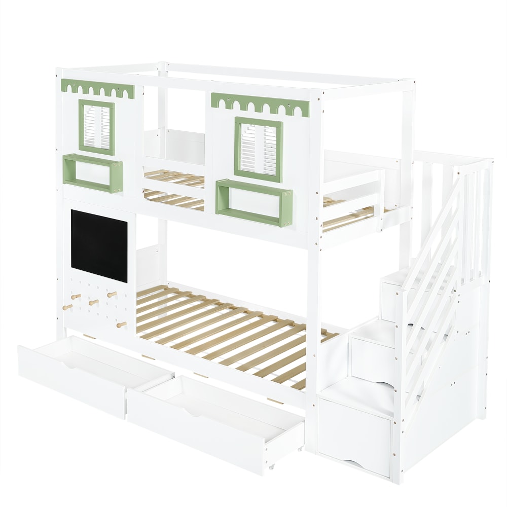 OKWISH Etagenbett aus Kiefer mit Treppe und Schubladen 90x200 cm, weiß+grün Holz Baby