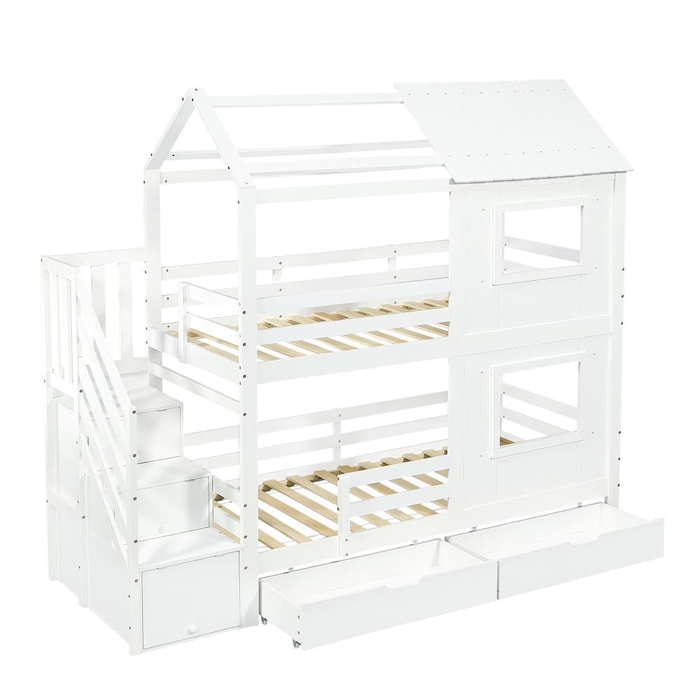 Lit superposé en pin blanc avec escalier et tiroir 90 x 200 cm Lit superposé en pin blanc avec escalier et tiroir 90 x 200 cm