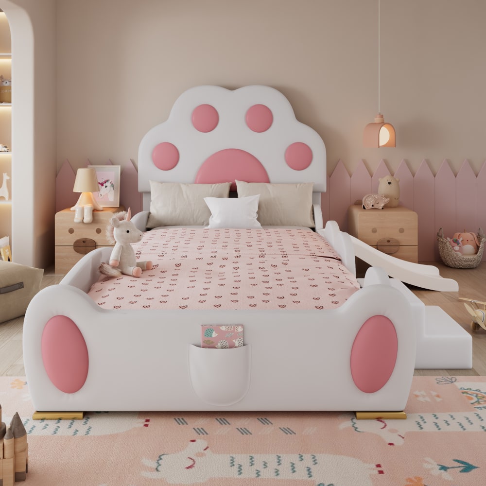 Kinderbett aus PU mit Rutsche und Leiter 90x200 cm, rosa/weiß -