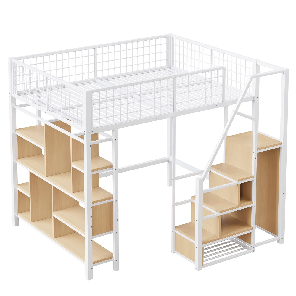 Lit mezzanine en métal blanc avec escalier et rangement 140 x 200 cm