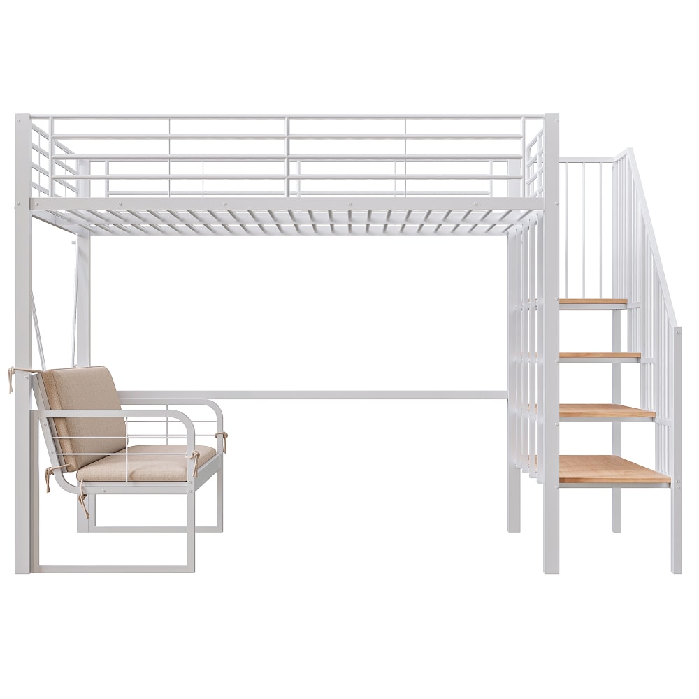 Lit mezzanine en métal blanc avec canapé et escalier 140 x 200 cm