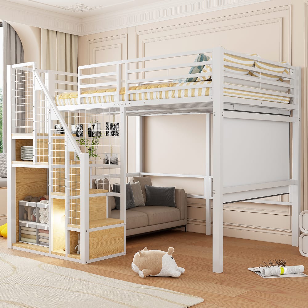 OKWISH Hochbett aus Metall mit Stauraum und Treppe 140x200 cm, weiß Metall Baby