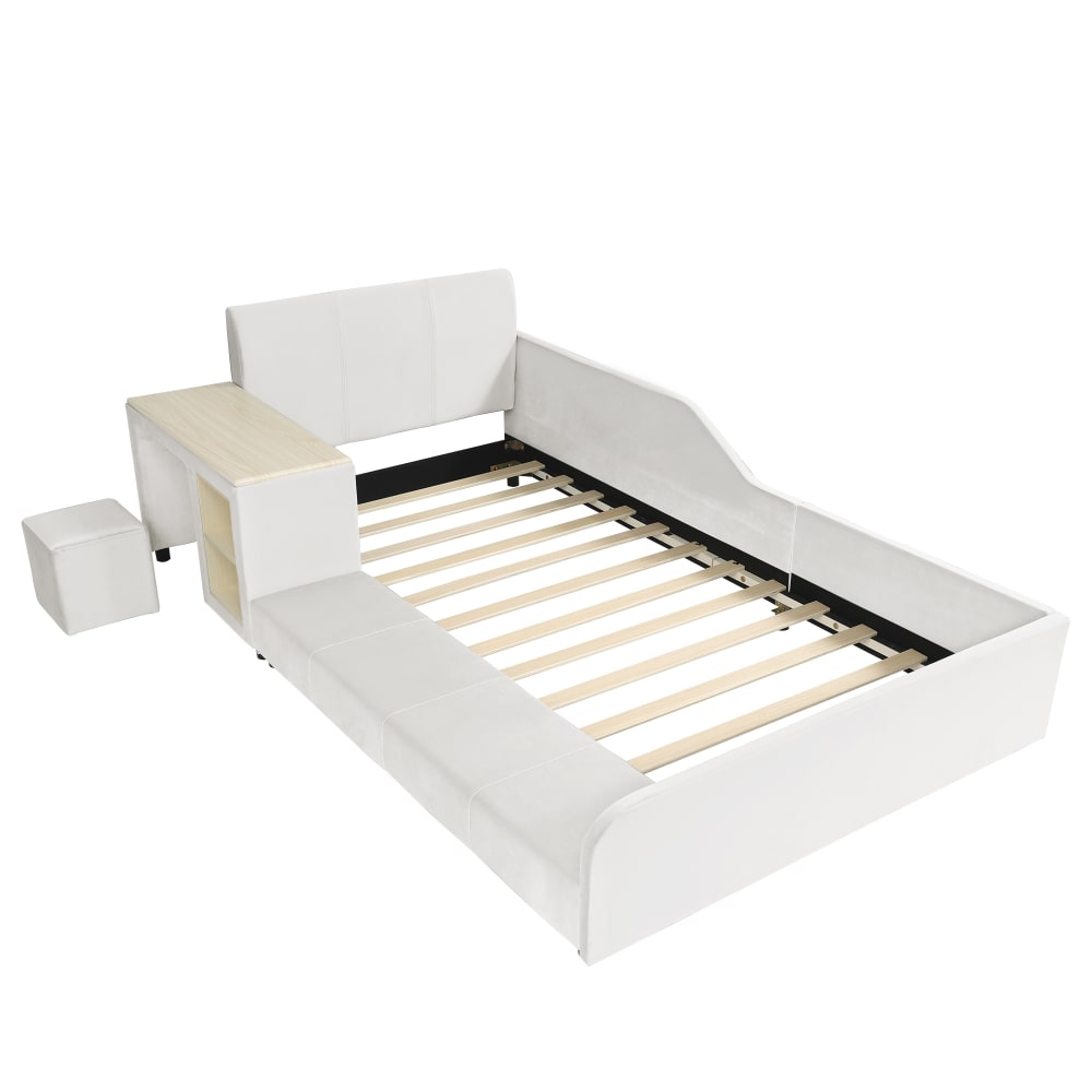 OKWISH Kinderbett aus Samt mit Schreibtisch und Hocker 90x200 cm, weiß Samt Baby