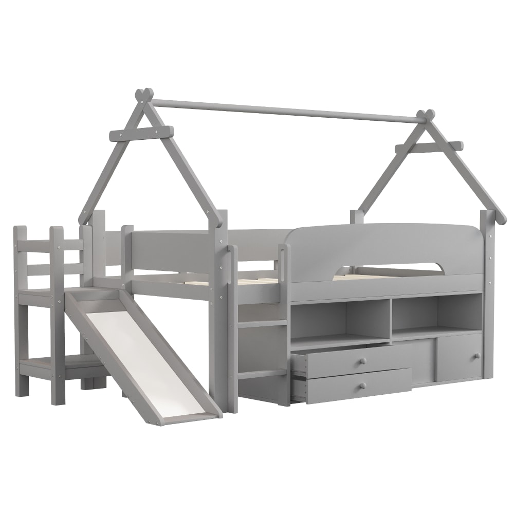 Lit mezzanine en bois massif gris avec toboggan 90 x 200 cm