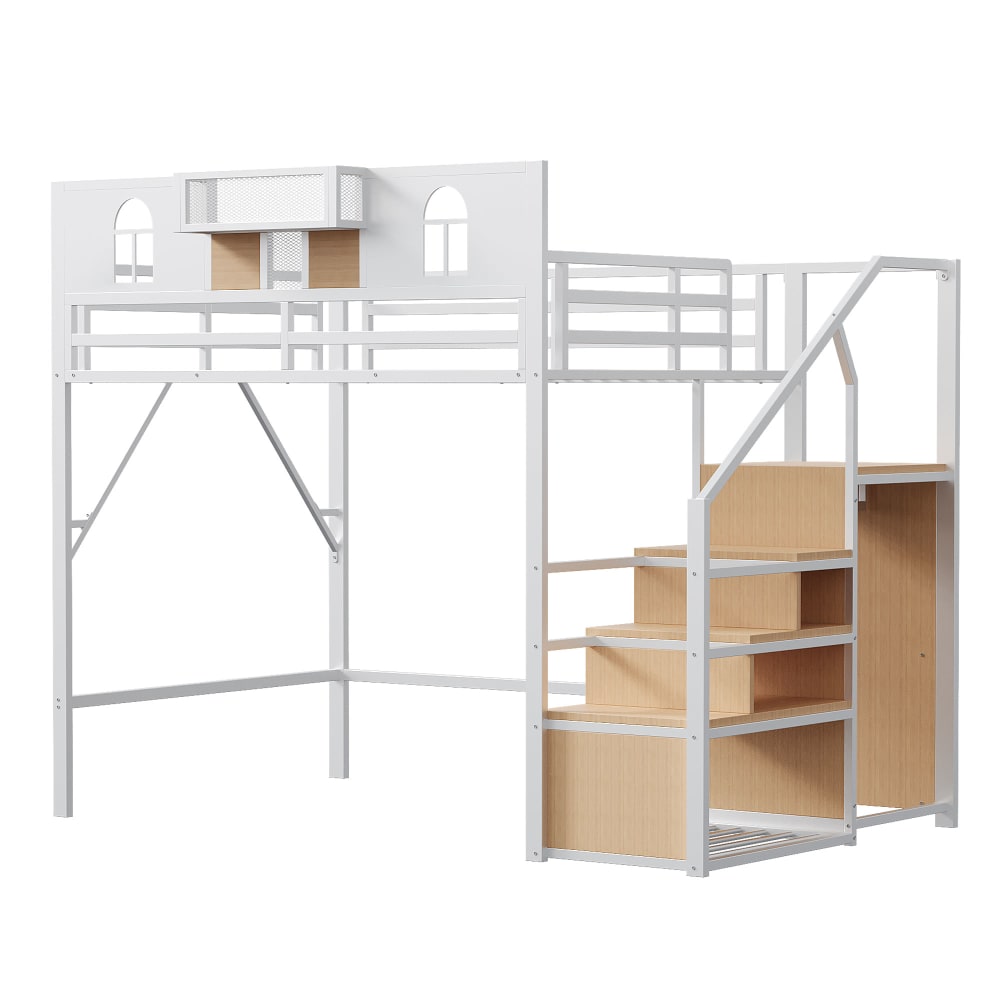 Lit mezzanine en métal blanc avec échelle de rangement 140 x 200 cm