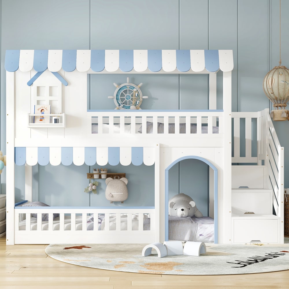 OKWISH Etagenbett aus Kiefer mit Stauraum und Schutzgitter 90x200 cm, weiß Holz Baby