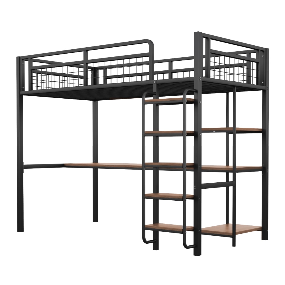 Lit mezzanine en métal noir avec bureau et étagères 90 x 200 cm