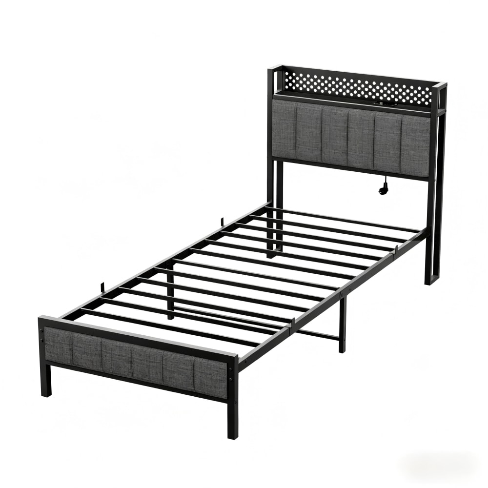 Lit en métal avec rangement, lattes et ports usb noir 90x200 cm Lit en métal avec rangement, lattes et ports usb noir 90x200 cm