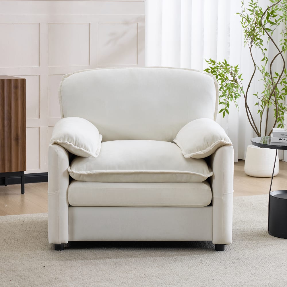 Einzelsofa aus Chenille und Holz mit Seitentaschen, weiß -