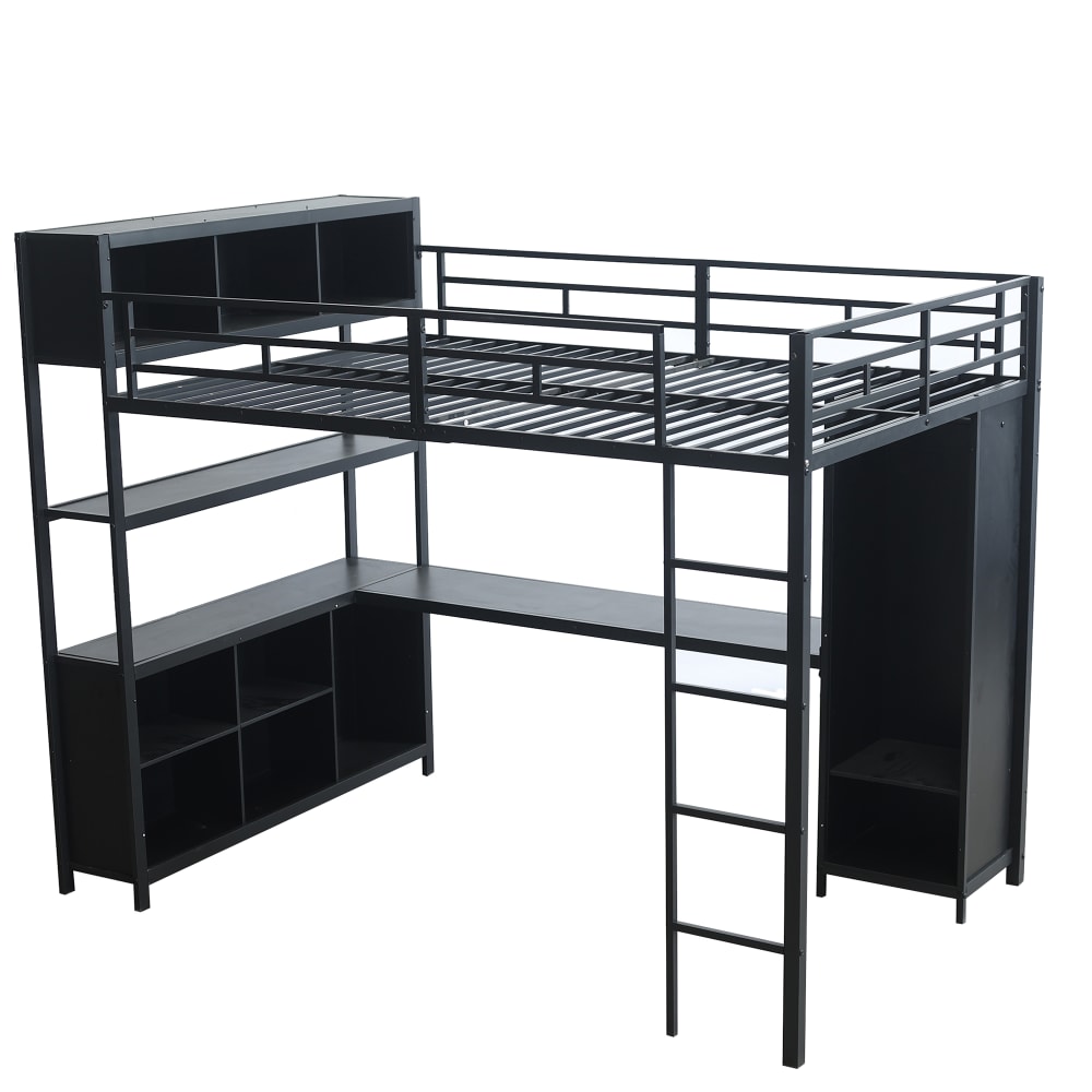 Lit mezzanine en métal noir avec bureau et armoire 140 x 200 cm
