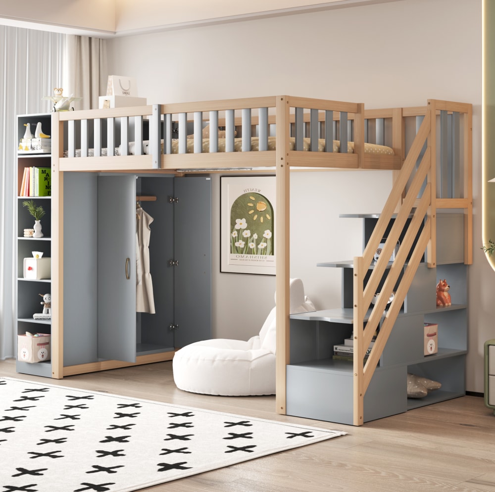OKWISH Hochbett 90x200 cm aus Holz mit Schrank und Stauraum, grau, Holzfarbe Holz Baby