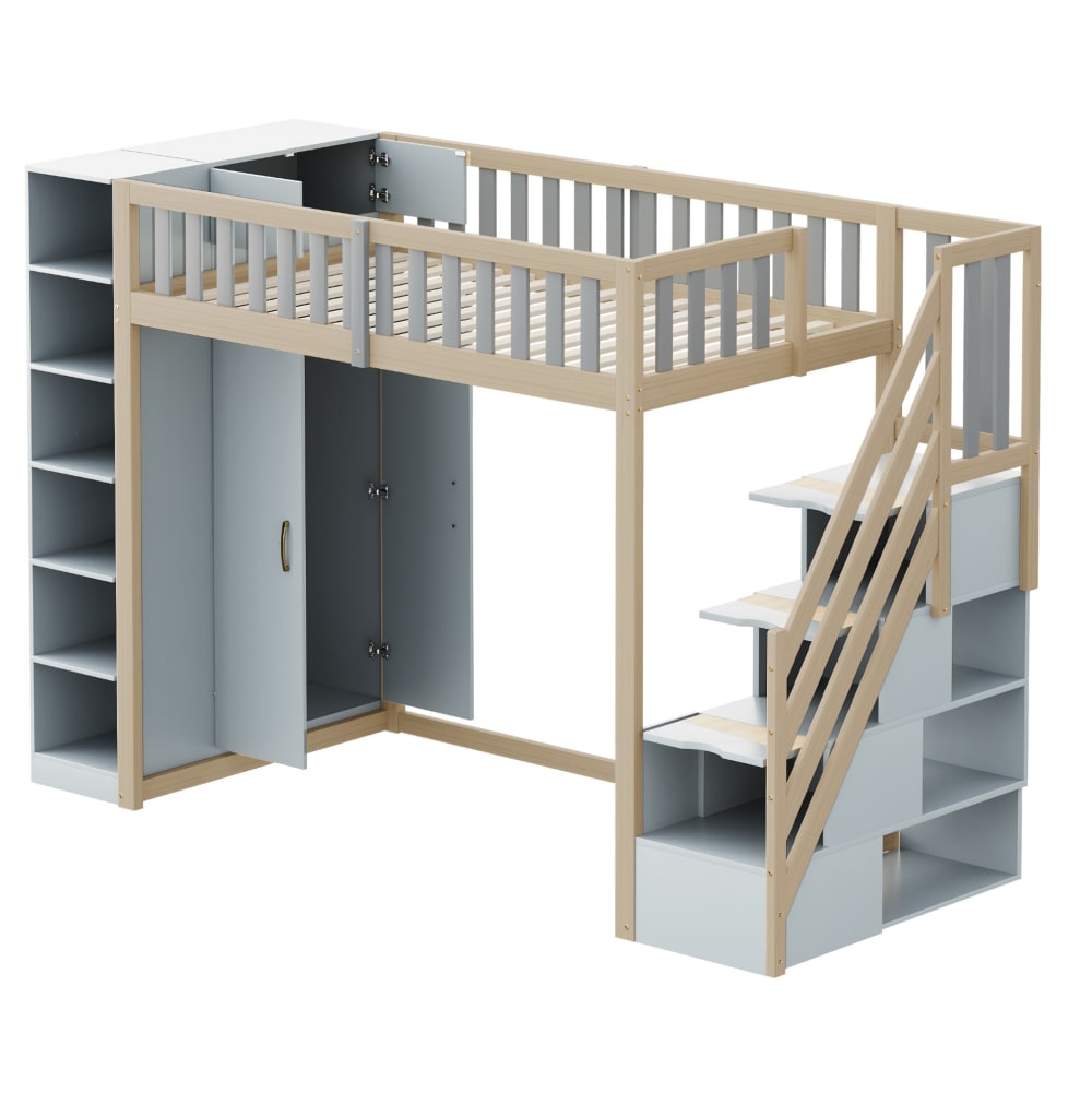 Lit mezzanine 90x200 cm en pin gris et couleur bois avec armoire Lit mezzanine 90x200 cm en pin gris et couleur bois avec armoire