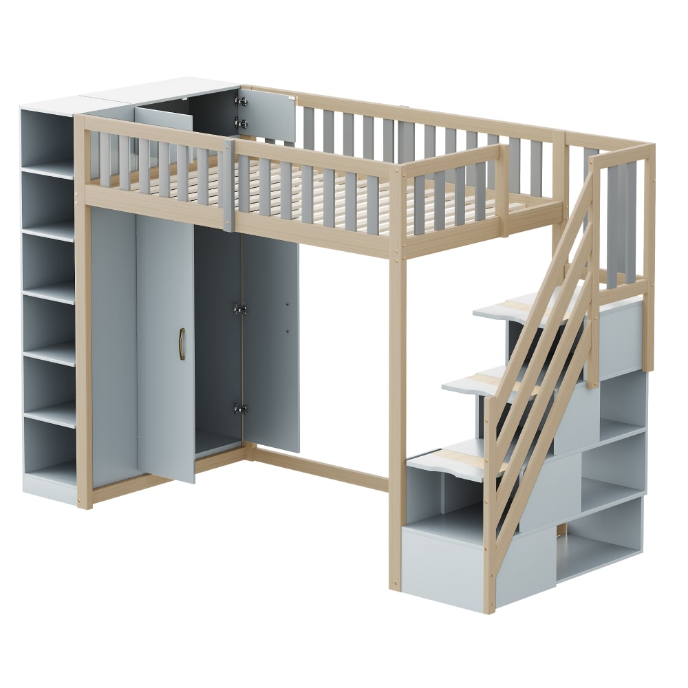 Lit mezzanine en pin gris et marron avec armoire 90 x 200 cm
