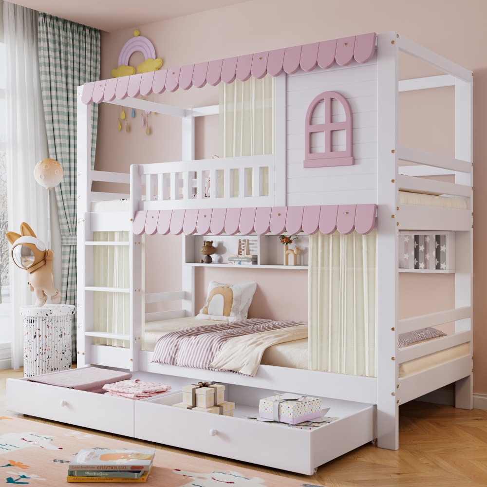 OKWISH Etagenbett aus Kiefer mit Vorhängen und Schubladen 90x200 cm, weiß Holz Baby